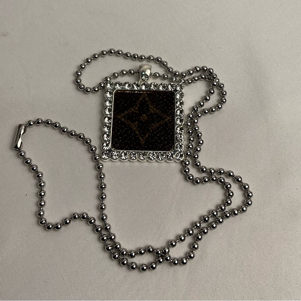 Louis Vuitton Monogram Canvas Silver Rhinestone Square Necklace - Picture 2 of 5